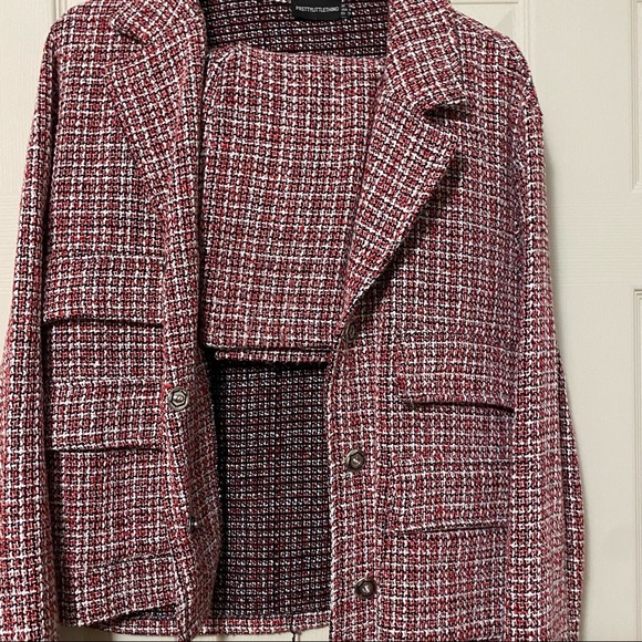 Pretty Little Thing Red Tartan Boucle Button Down Jacket and Mini Skirt Set - Picture 10 of 13